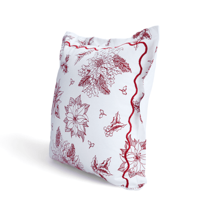 Red & White Poinsettia Christmas Pillow Cover with Embroidered Flange