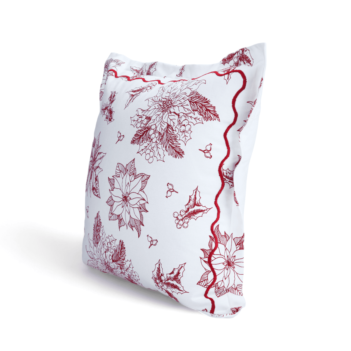Christmas pillow cover, Red and white POINSETTIA print and embroidered flange, sizes available
