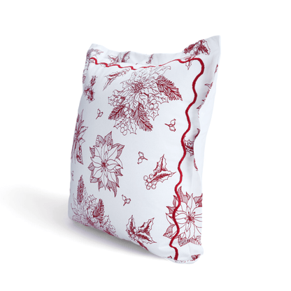 Christmas pillow cover, Red and white POINSETTIA print and embroidered flange, sizes available