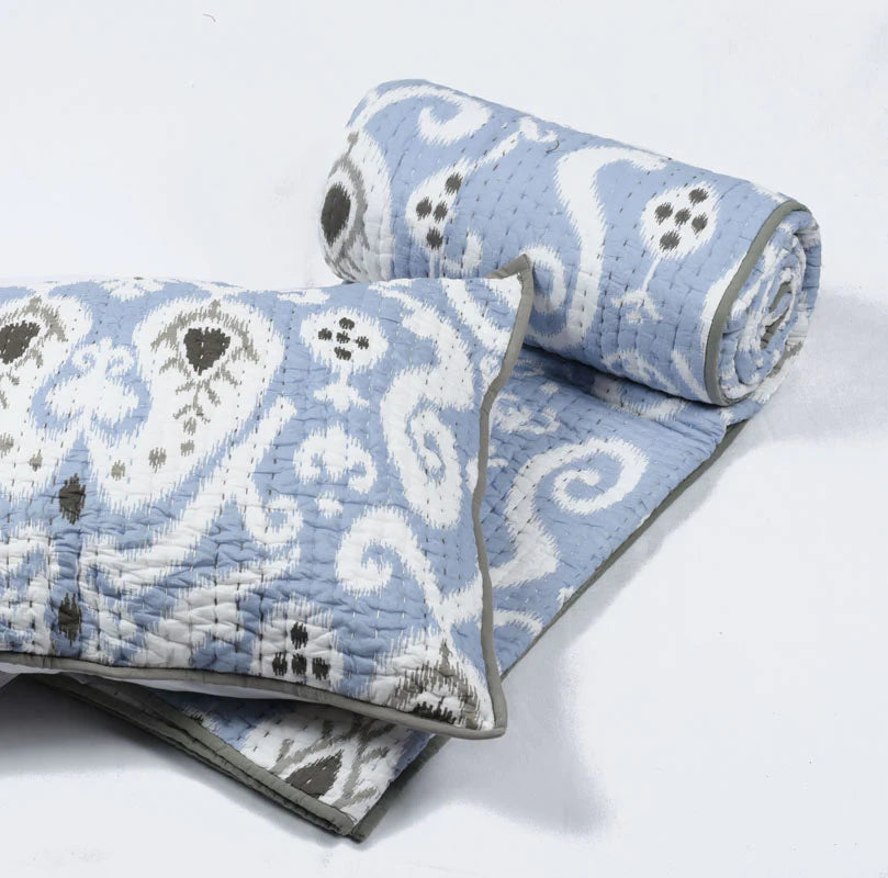 Blue ikat cotton kantha quilted pillow cover, sizes available