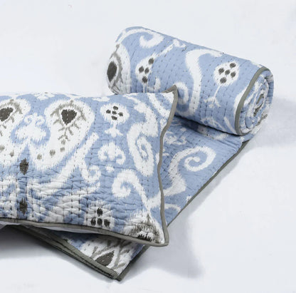 Blue ikat cotton kantha quilted pillow cover, sizes available