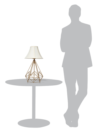 Golden Metal Wire Cage Diamond Pyramid Bedside Table Lamp with Off-white Fabric Bell Shade