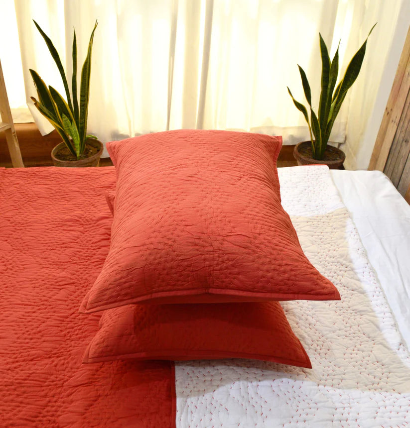 Rust cotton chevron kantha quilt set – Quilt with coordinated pillow covers, sizes available