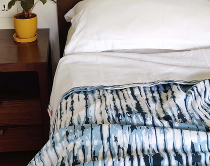 SHIBORI - Indigo stripe print soft Cotton blanket, three layer dohar, sizes available