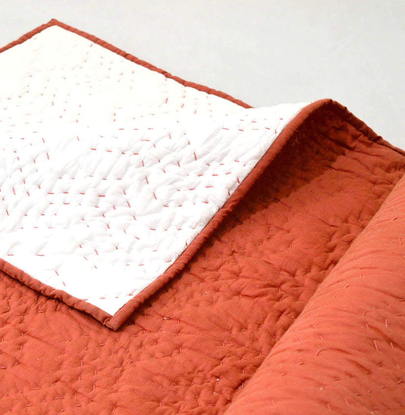 Kantha Bedspread - Rust colour with chevron pattern quilting