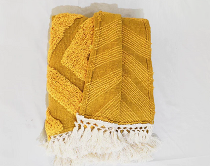 MUSTARD YELLOW Cotton tufted Throw blanket, diamond pattern tufting, couch throw, picnic blanket, 100% cotton, 44X55 inches