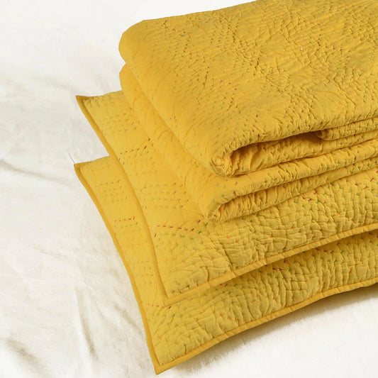 Yellow cotton chevron kantha quilt set – Quilt with coordinated pillow covers, sizes available