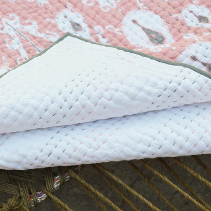 Quilted bedspread, ikat print coral colour cotton quilt, sizes available