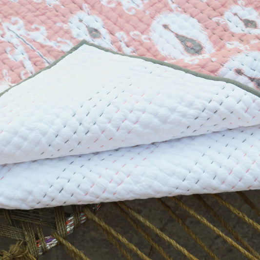 Quilted bedspread, ikat print coral colour cotton quilt, sizes available
