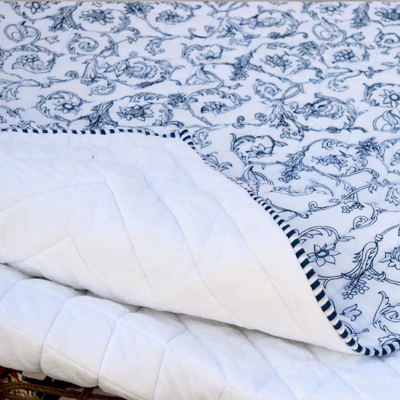 Quilted bedspread, blue swirl print, cotton quilt, Victorian print cotton voile quilt