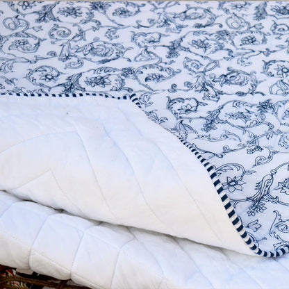 Quilted bedspread, blue swirl print, cotton quilt, Victorian print cotton voile quilt