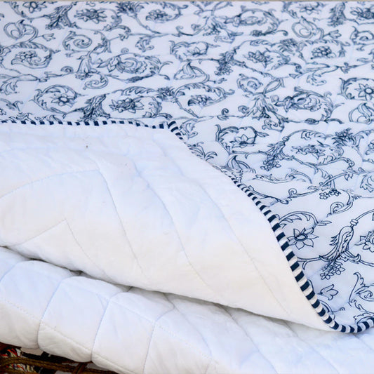 Quilted bedspread, blue swirl print, cotton quilt, Victorian print cotton voile quilt