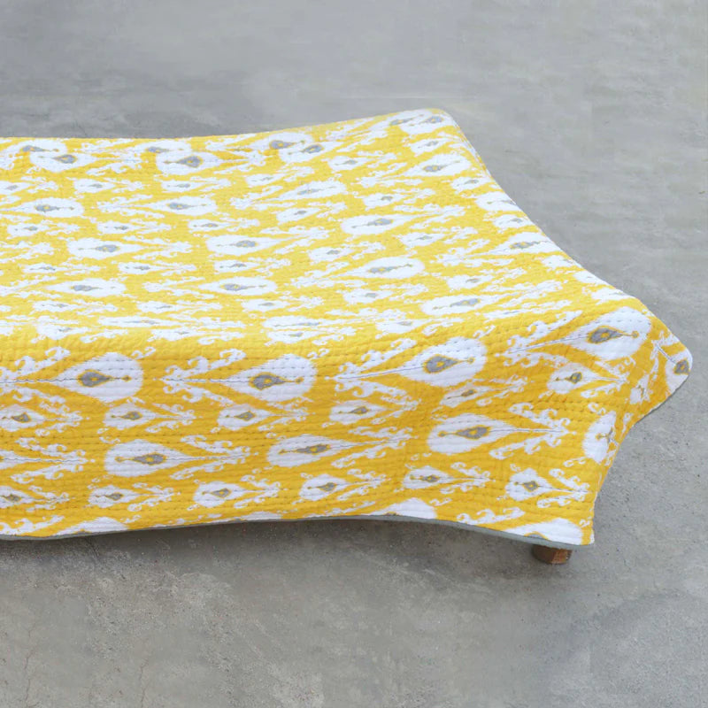 Quilted bedspread, ikat print yellow colour cotton quilt, Sizes available