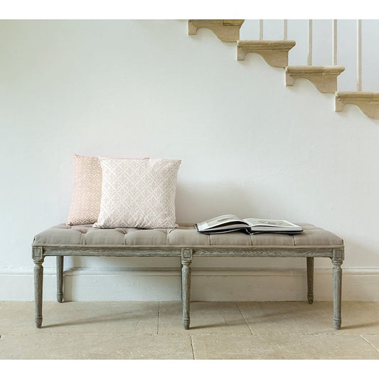 Hand-Carved Oak Frame Bench Upholstered in Luxurious Olive Green Velvet