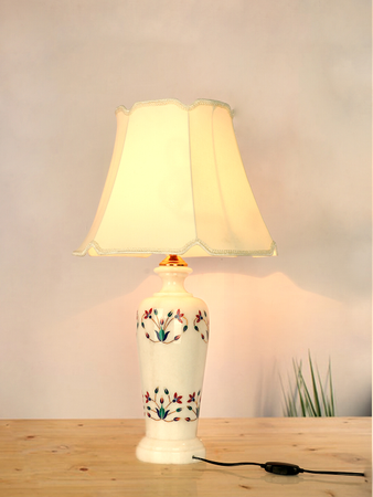 Multicolored Floral Inlay Marble Jar Table Lamp With 16inch Off White Scalloped Borders Fabric Shade