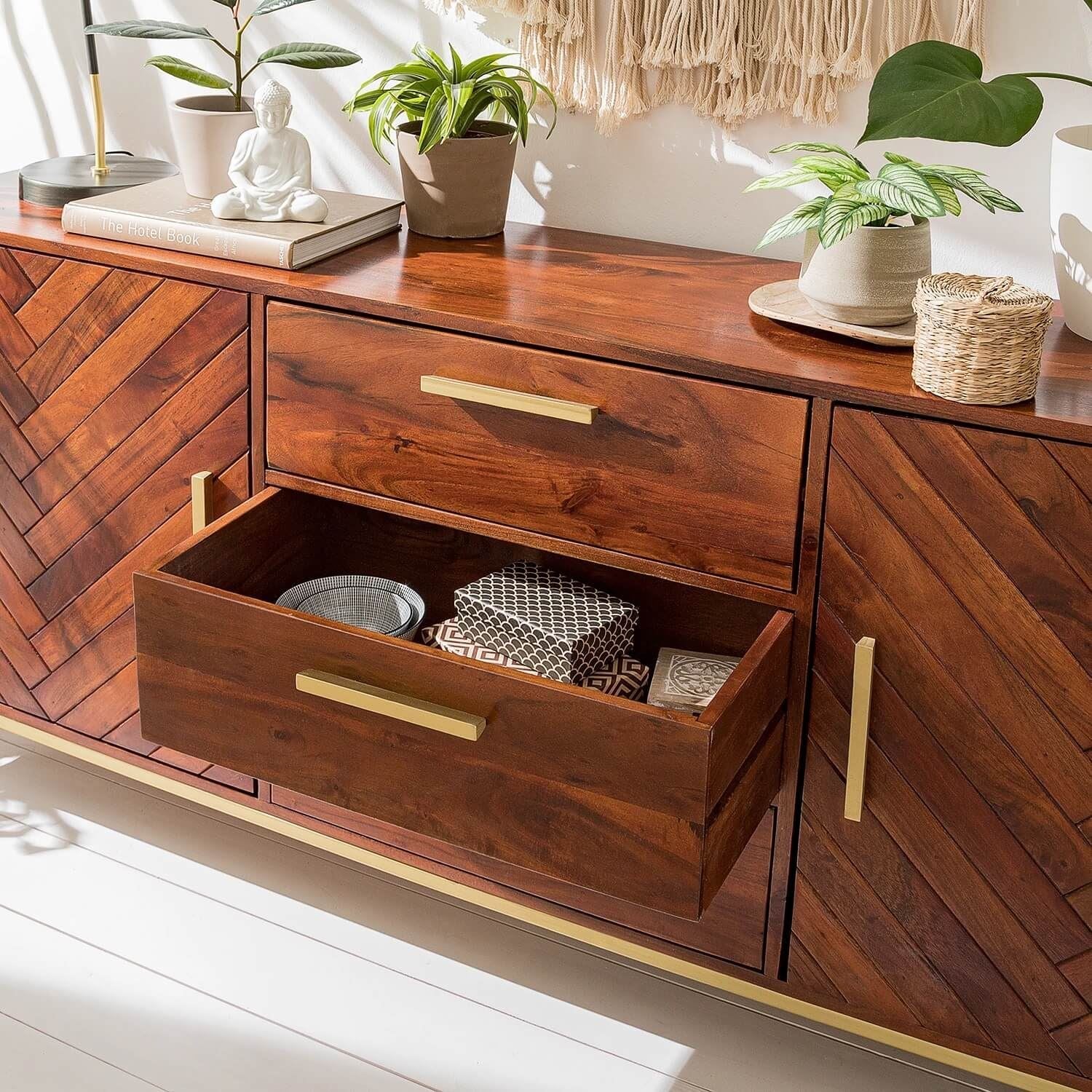 Premium solid acacia wood handcrafted Honey Finish Sideboard with drawer opened