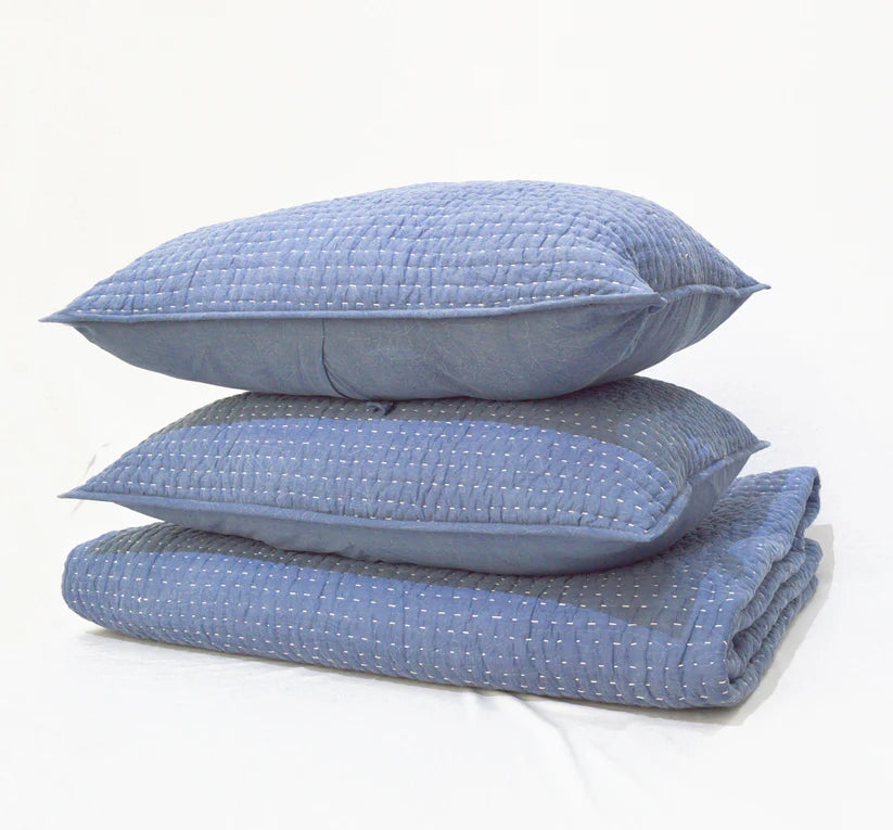 Denim blue stonewashed cotton kantha quilt set, Sizes available