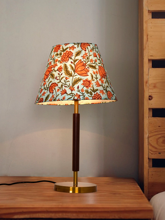 Contemporary Indian Flower Table Lamp - Matt Brass and Wooden Finish