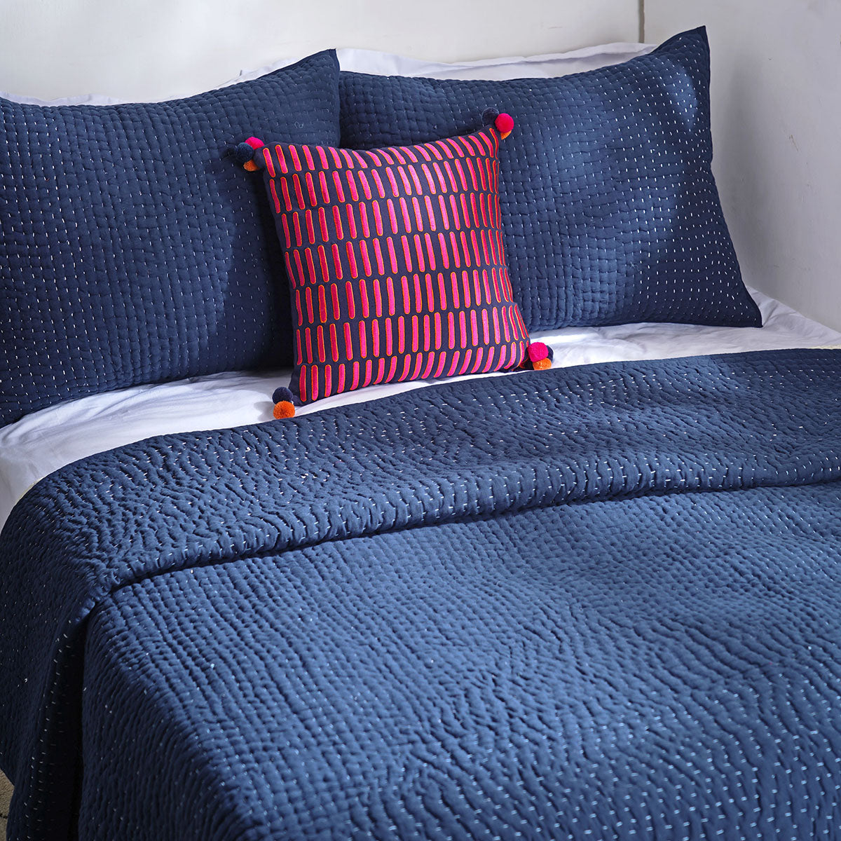 Indigo Blue Kantha quilt set, hand quilted 4 layer muslin gauze with cotton wadding, sizes available