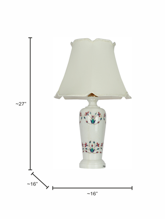 Multicolored Floral Inlay Marble Jar Table Lamp With 16inch Off White Scalloped Borders Fabric Shade