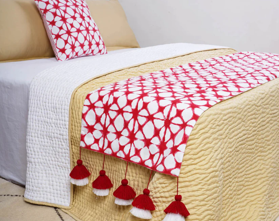 Red printed cotton Bed runner set - King / Queen / Twin Size Bed Runner with Tassel and coordinated Decorative Throw Pillow Cover