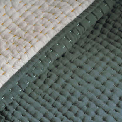 Olive Green kantha bedspread, frame pattern hand quilting on 4 layer muslin gauze with cotton wadding, Sizes available