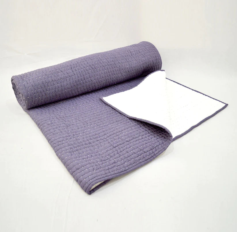 Kantha Bedspread - Lavender colour with chevron pattern quilting