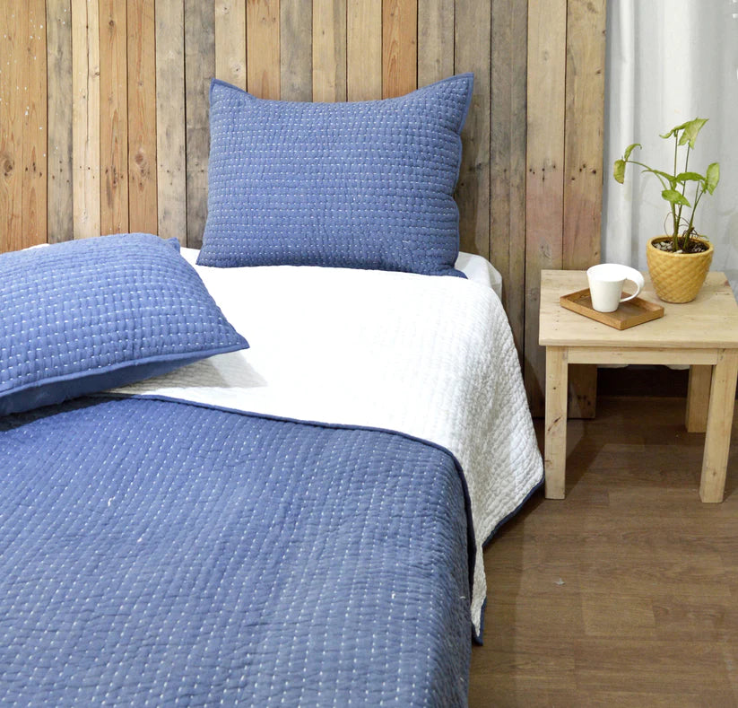 Denim blue stonewashed cotton kantha quilt set, Sizes available