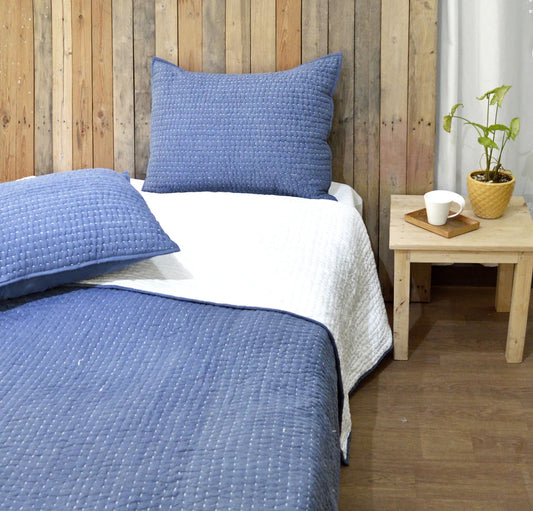 Denim blue stonewashed cotton kantha quilt set, Sizes available