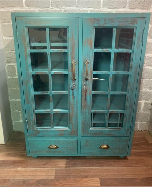 Handcrafted solid mango wood vintage storage cabinet front view