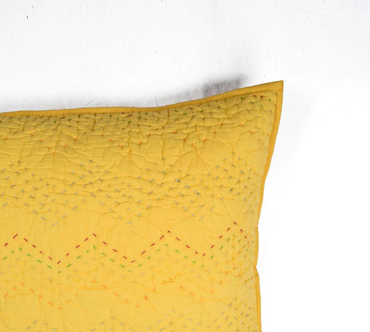 Yellow kantha quilted cotton pillow cover, chevron pattern, sizes available