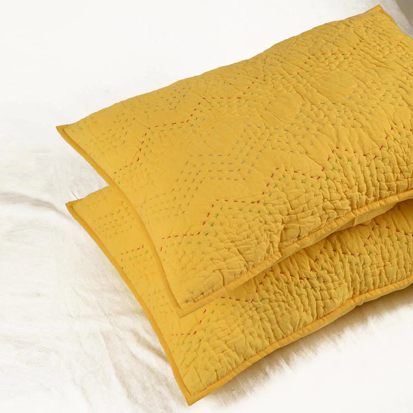 Yellow cotton chevron kantha quilt set – Quilt with coordinated pillow covers, sizes available