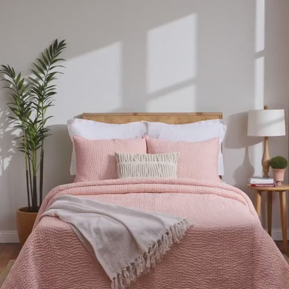 Salmon Pink Kantha Quilt Bed Set | Stripe Pattern | 100% Cotton Voile | Handmade