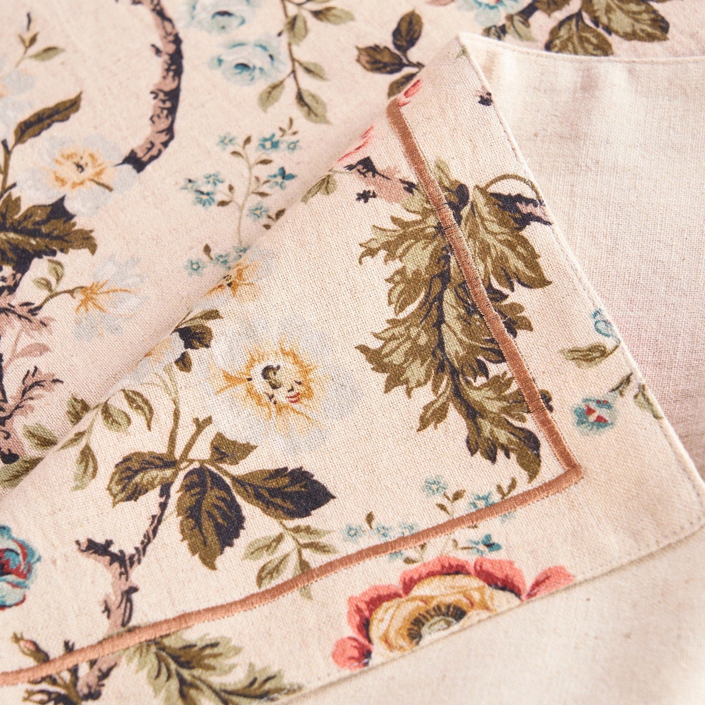 Elegant Beige Vintage Rose Print Linen Cotton Table Runner