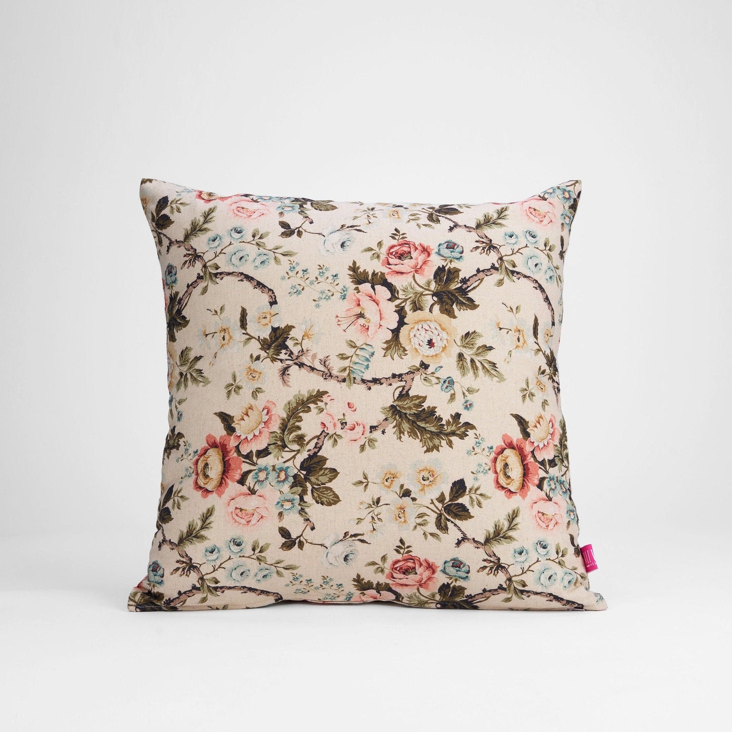 Beige Linen Pillow Cover with Vintage Rose Print Reversible