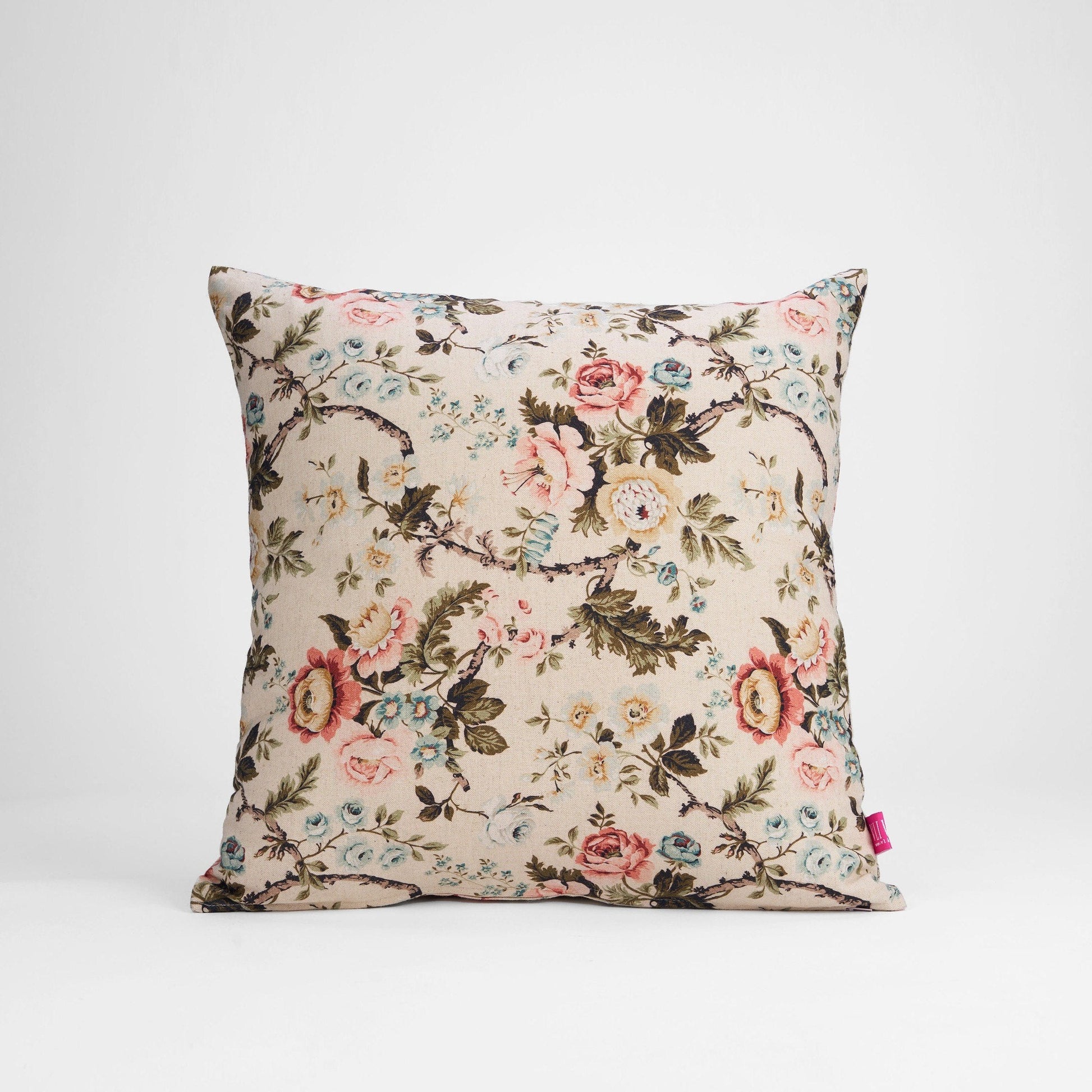 Beige Linen Pillow Cover with Vintage Rose Print Reversible