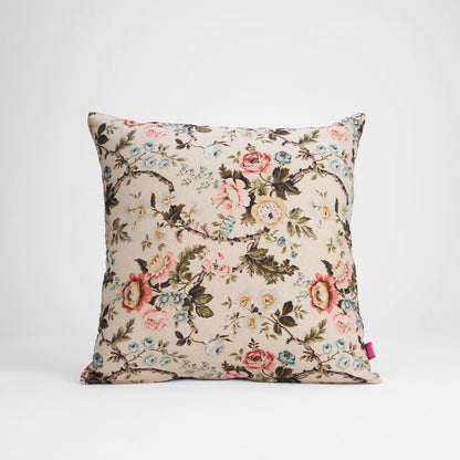 Beige Linen Pillow Cover with Vintage Rose Print Reversible