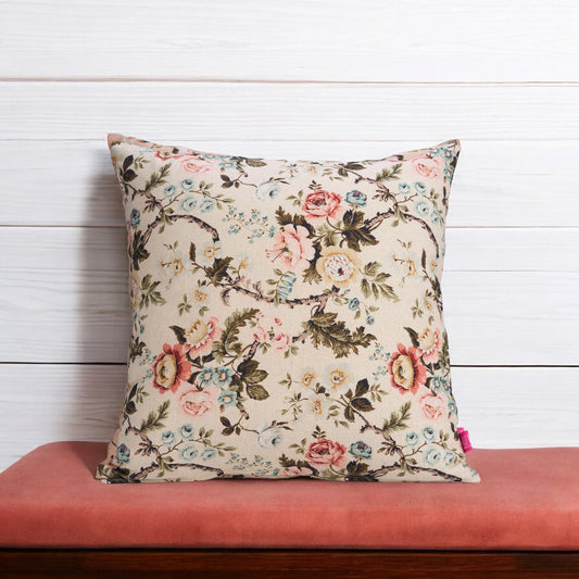 Beige Linen Pillow Cover with Vintage Rose Print Reversible