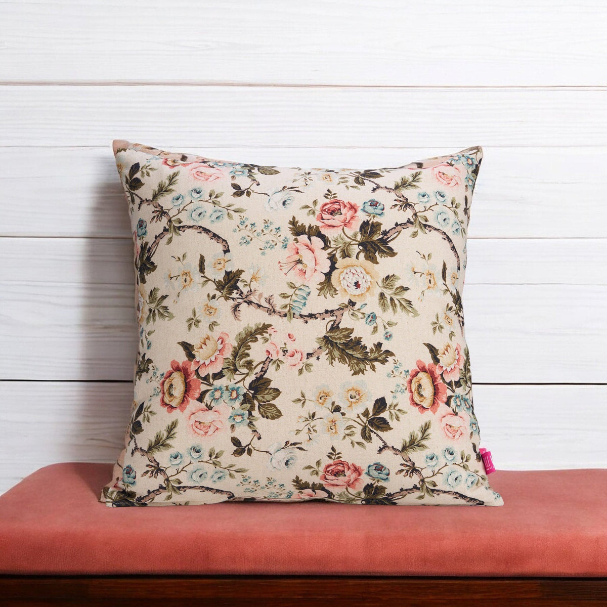 Amour Beige Linen Pillow Cover | Vintage Rose Print | 16×16, 18×18 & 12×30 inches