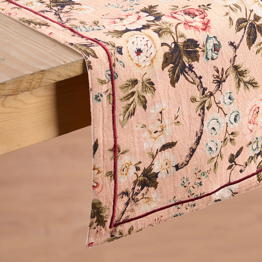 Elegant Blush Vintage Rose Print Linen-Cotton Table Runner