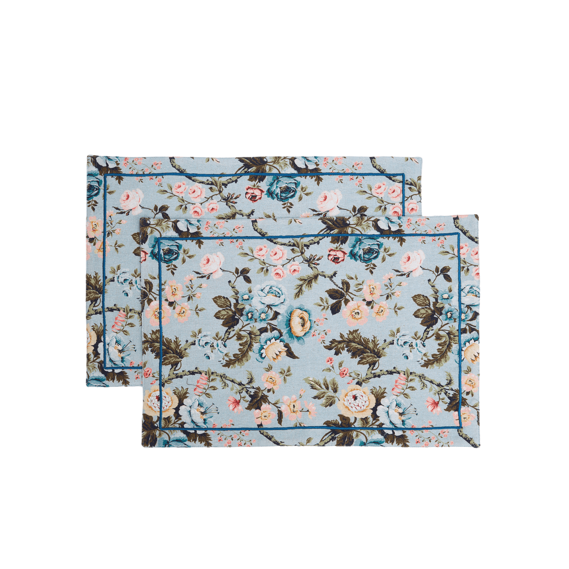 Duck Egg Linen Cotton Placemat with Vintage Rose Print