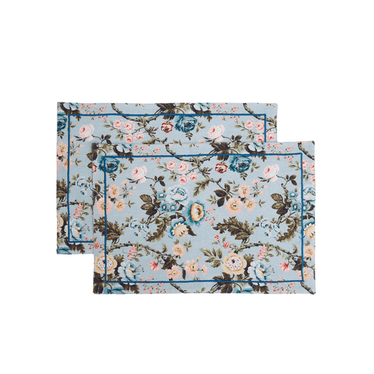 Duck Egg Linen Cotton Placemat with Vintage Rose Print