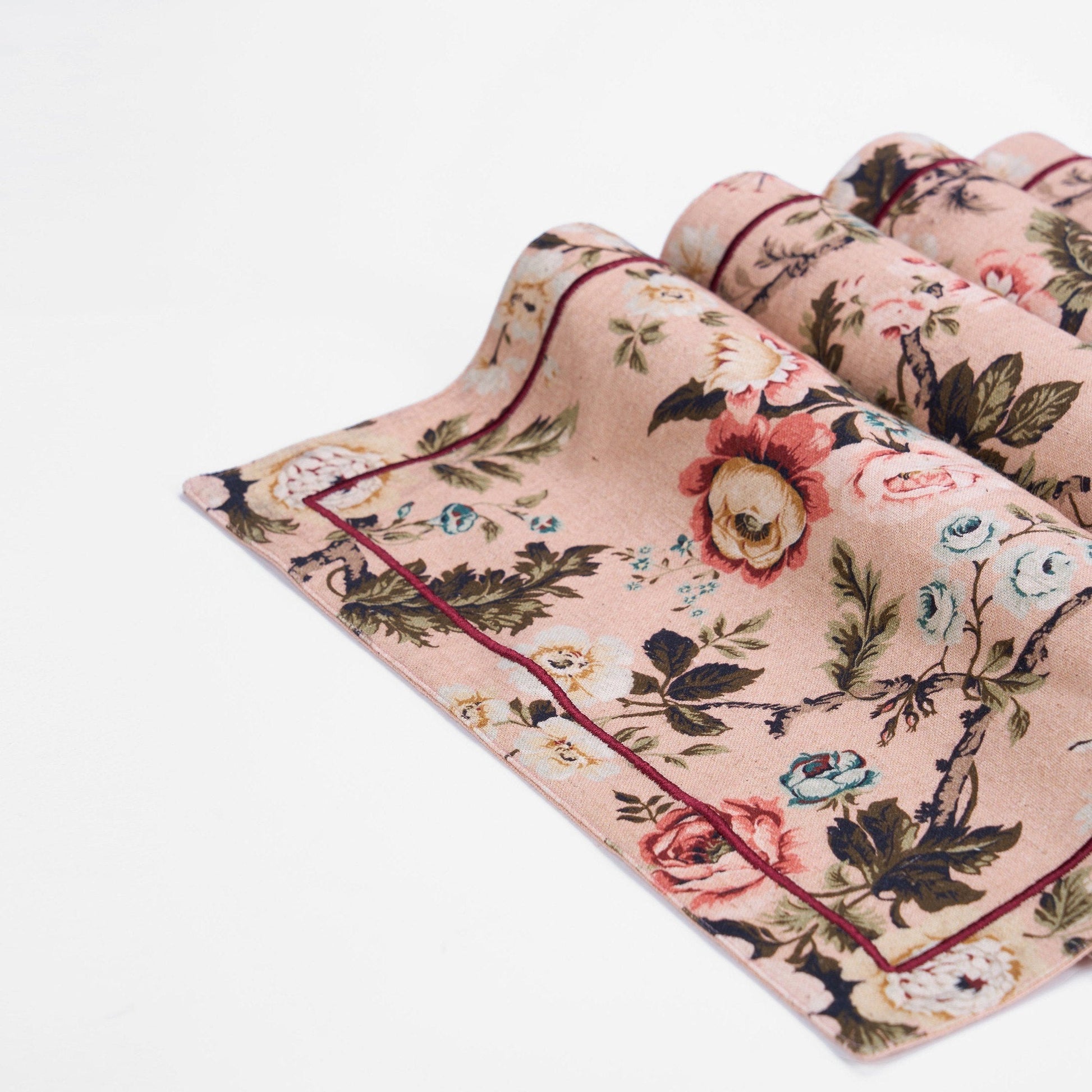 Blush Linen Cotton Placemat with Vintage Rose Print 13x19 inches