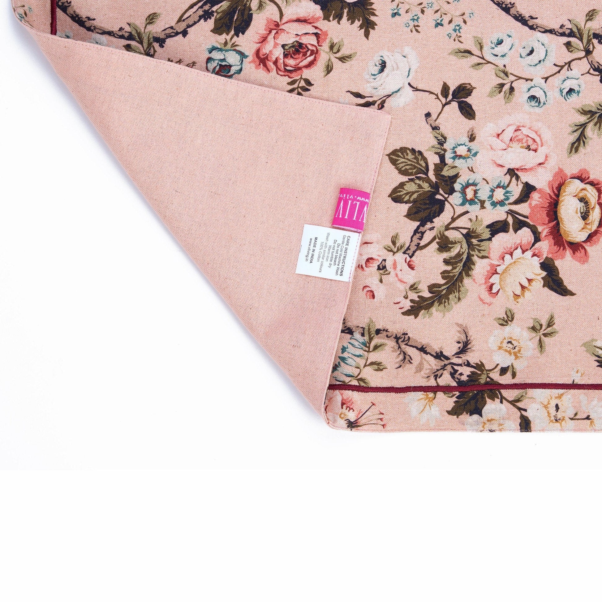Blush Linen Cotton Placemat with Vintage Rose Print 13x19 inches