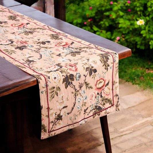 Elegant Blush Vintage Rose Print Linen-Cotton Table Runner