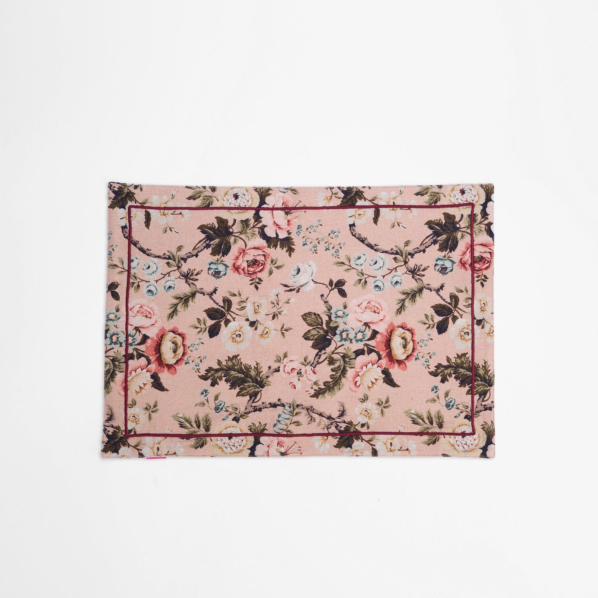 Blush Linen Cotton Placemat with Vintage Rose Print 13x19 inches