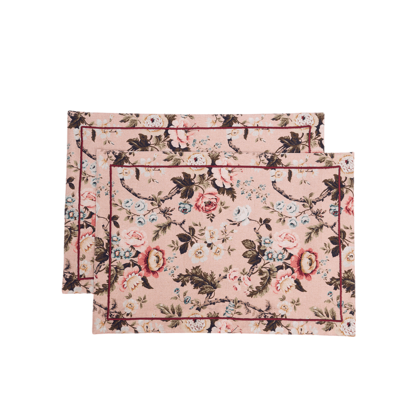 Blush Linen Cotton Placemat with Vintage Rose Print 13x19 inches