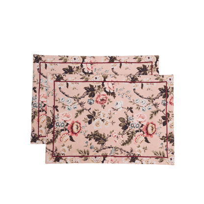 Blush Linen Cotton Placemat with Vintage Rose Print 13x19 inches
