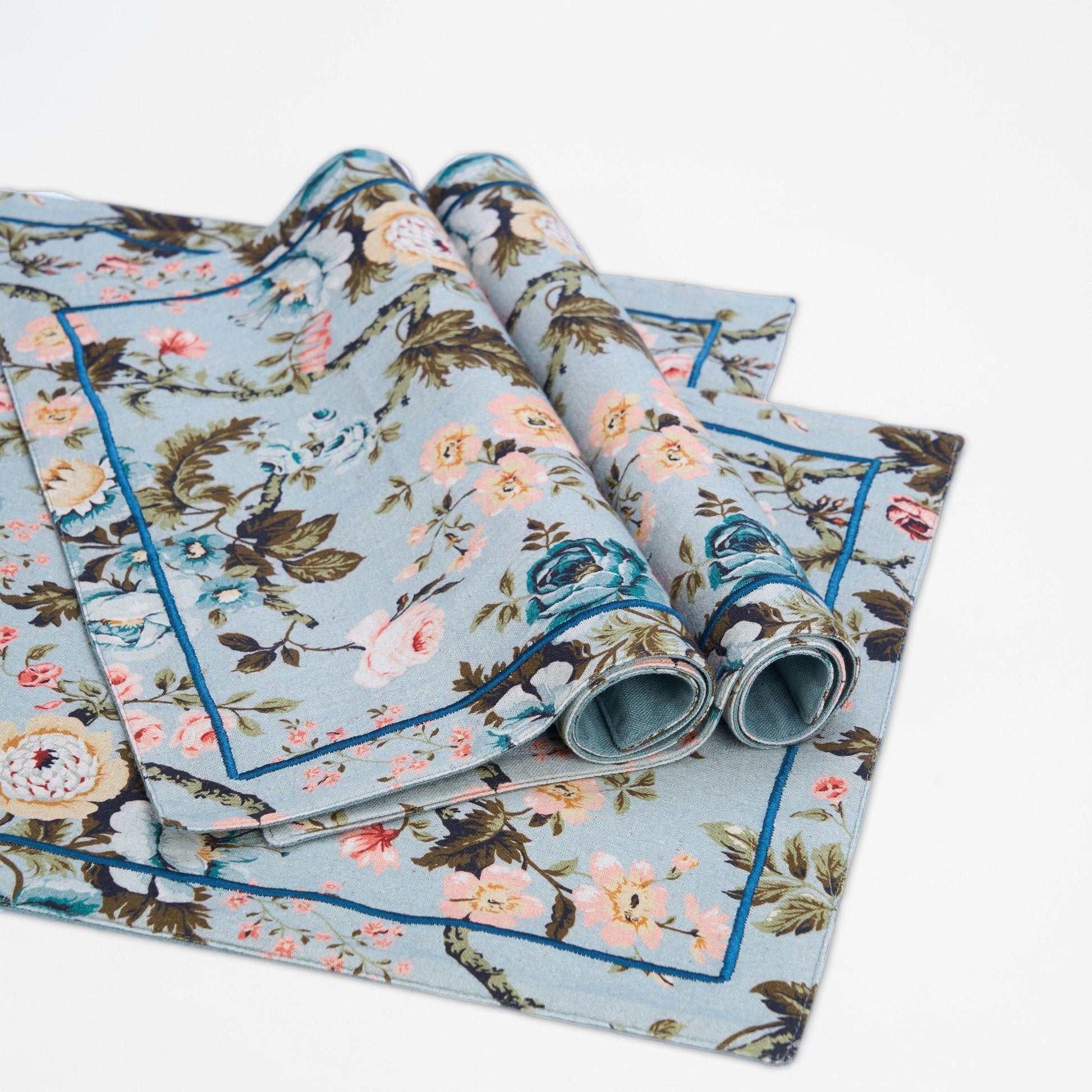 Duck Egg Linen Cotton Placemat with Vintage Rose Print