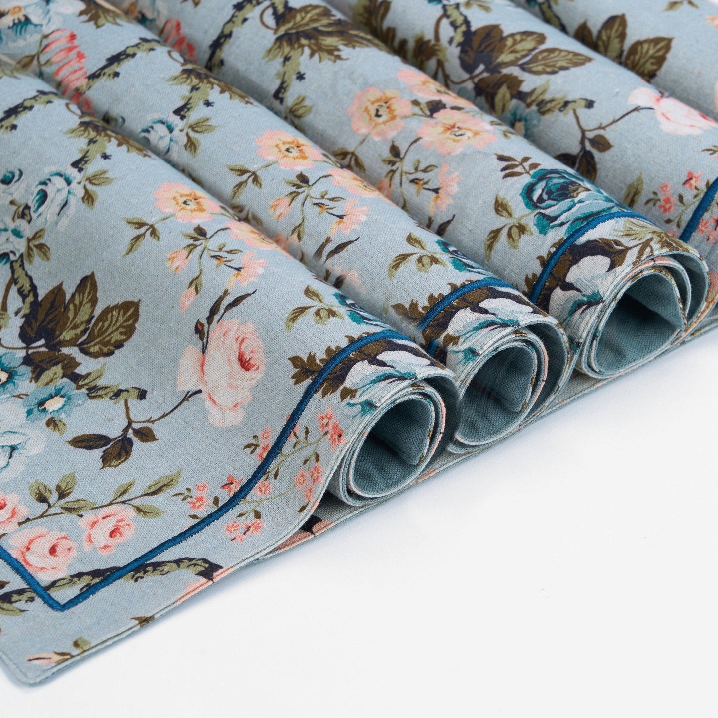 Duck Egg Linen Cotton Placemat with Vintage Rose Print